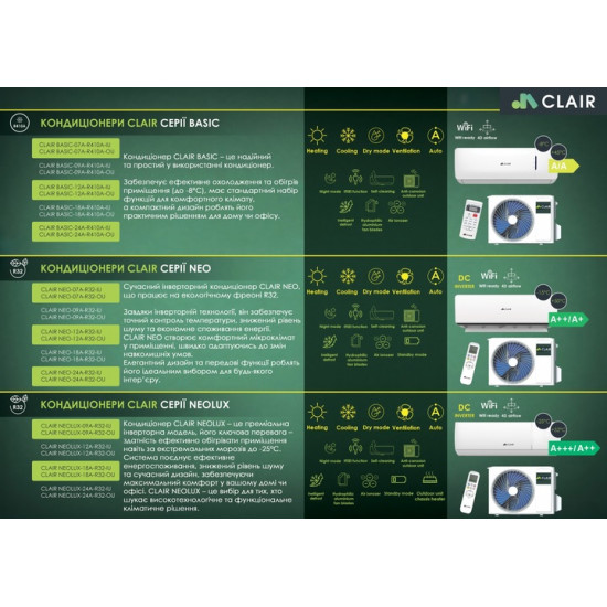 Кондиціонер настінний CLAIR NEOLUX-09A-R32